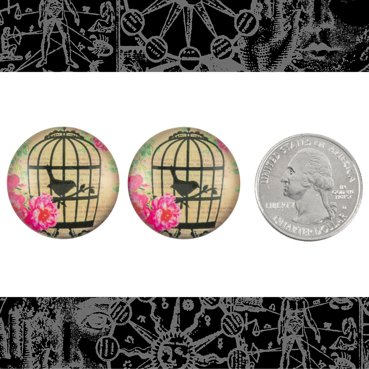 25mm Round Two Birds in Ornate Bird Cage Cabochons - Set of Two - CAB67